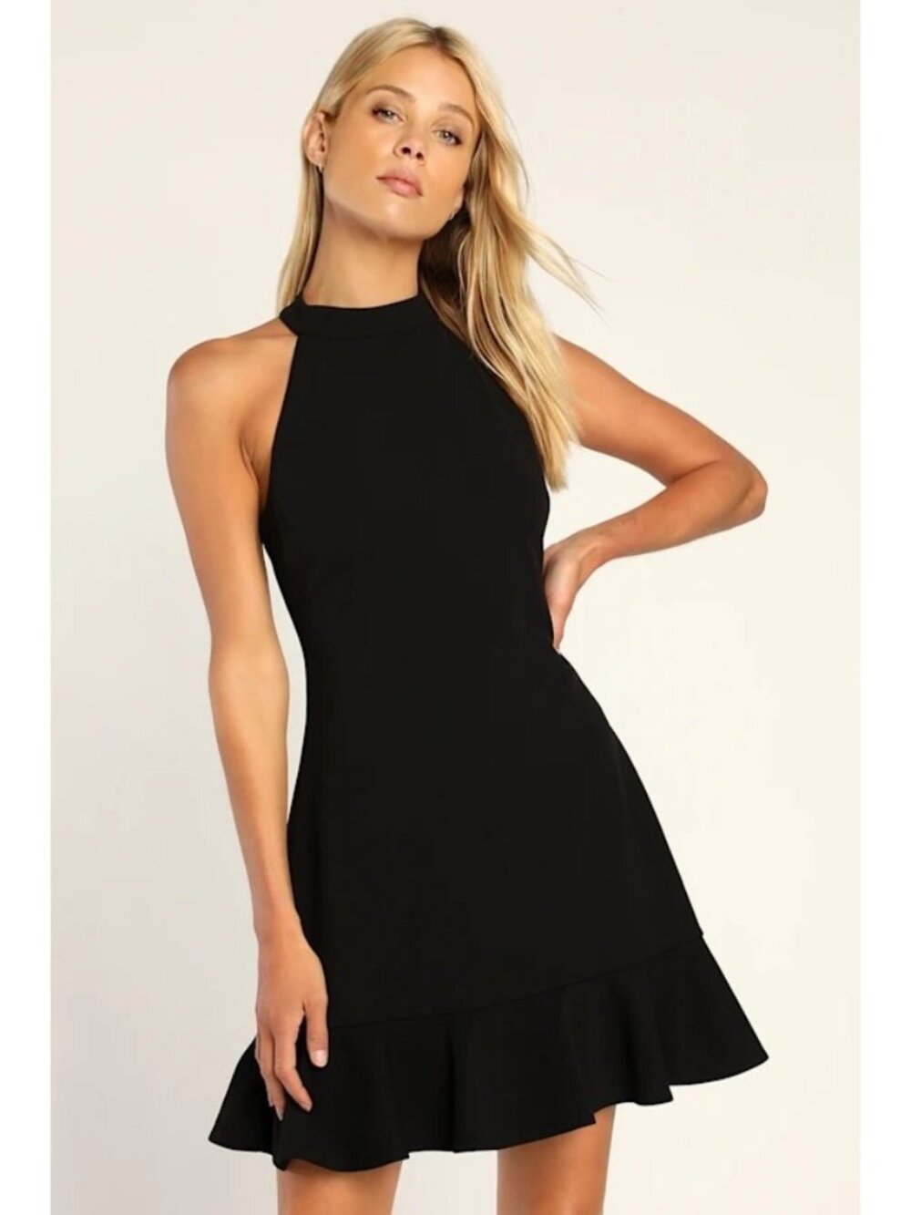 Lulus Halter Mini Dress Size Small Black Ruffled Hem Sleeveless A-line